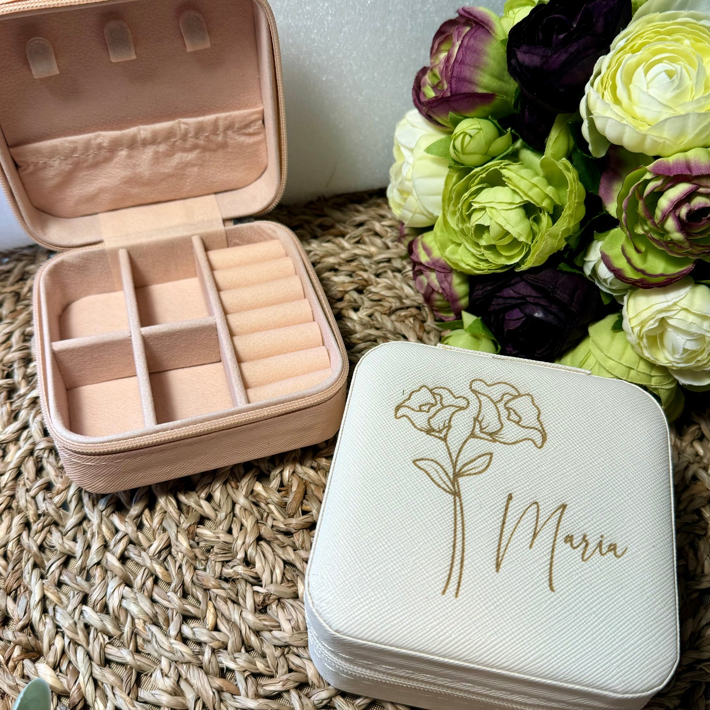 Personalised Engraved Travel Jewellery Box, Birth Flower