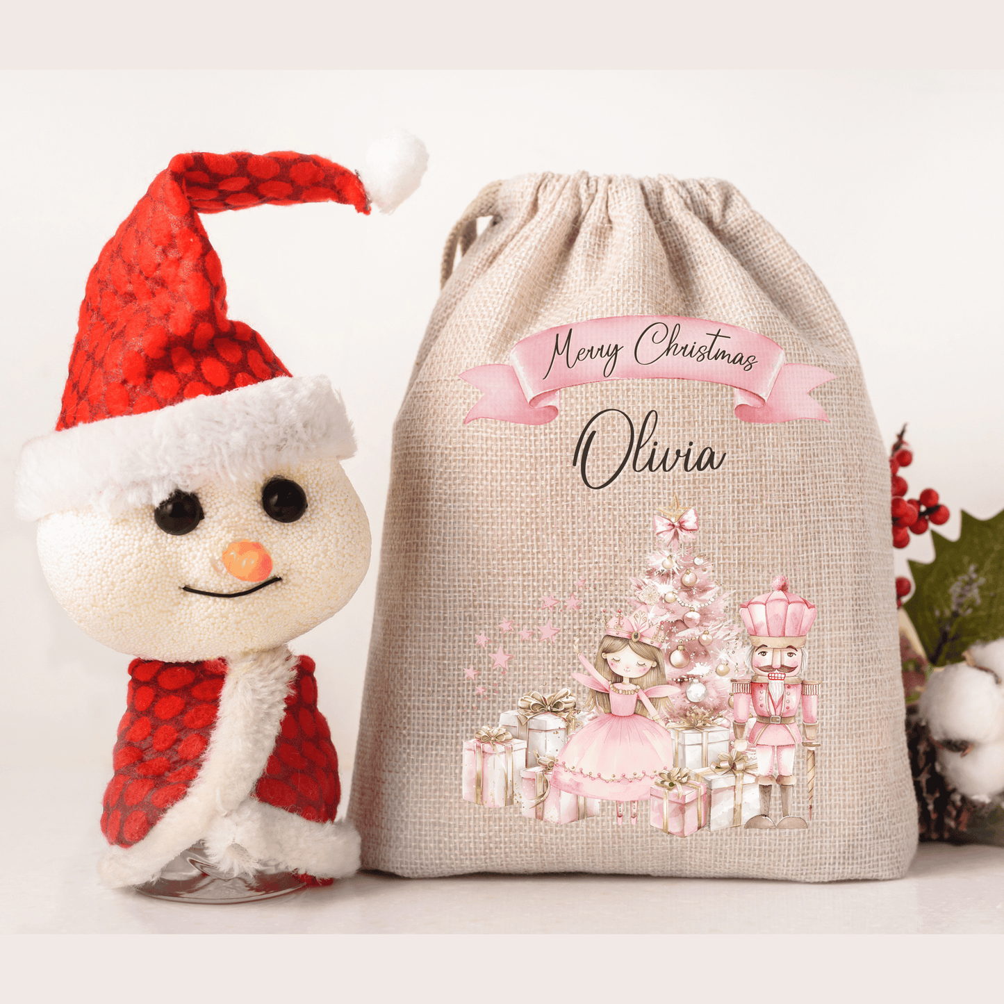 Personalised Christmas Santa Sack, Pink Fairy and Nutcracker