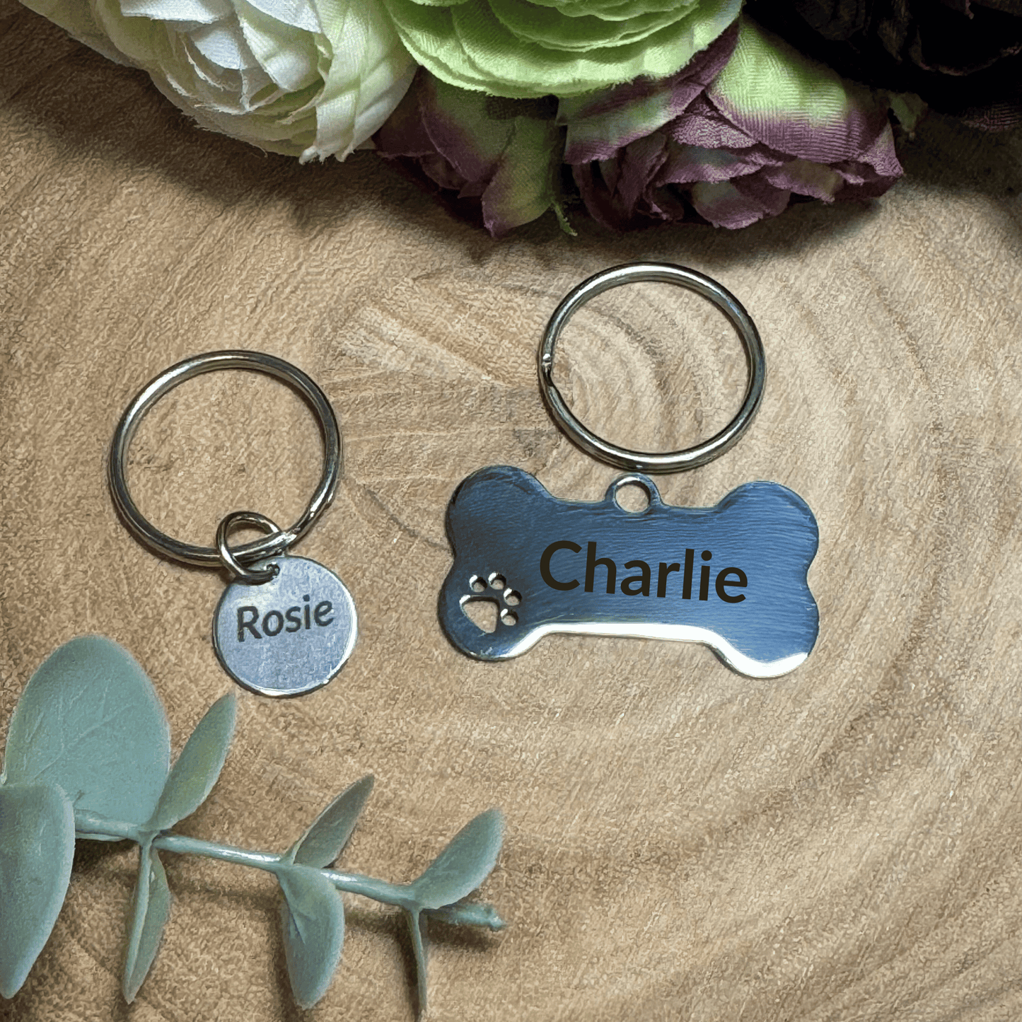 Personalised Pet ID Tag, Engraved Bone or Round Name Tag