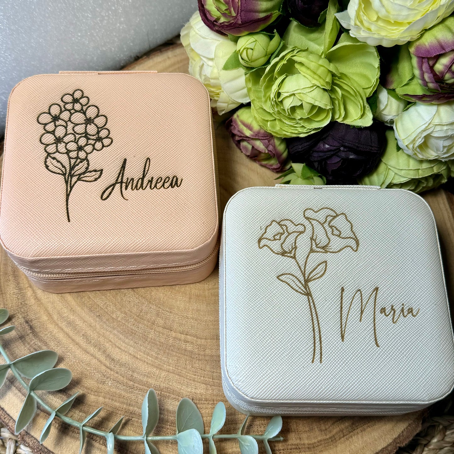 Personalised Engraved Travel Jewellery Box, Birth Flower