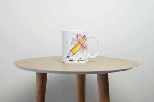 Personalised Teacher Mug, Pencil Bow