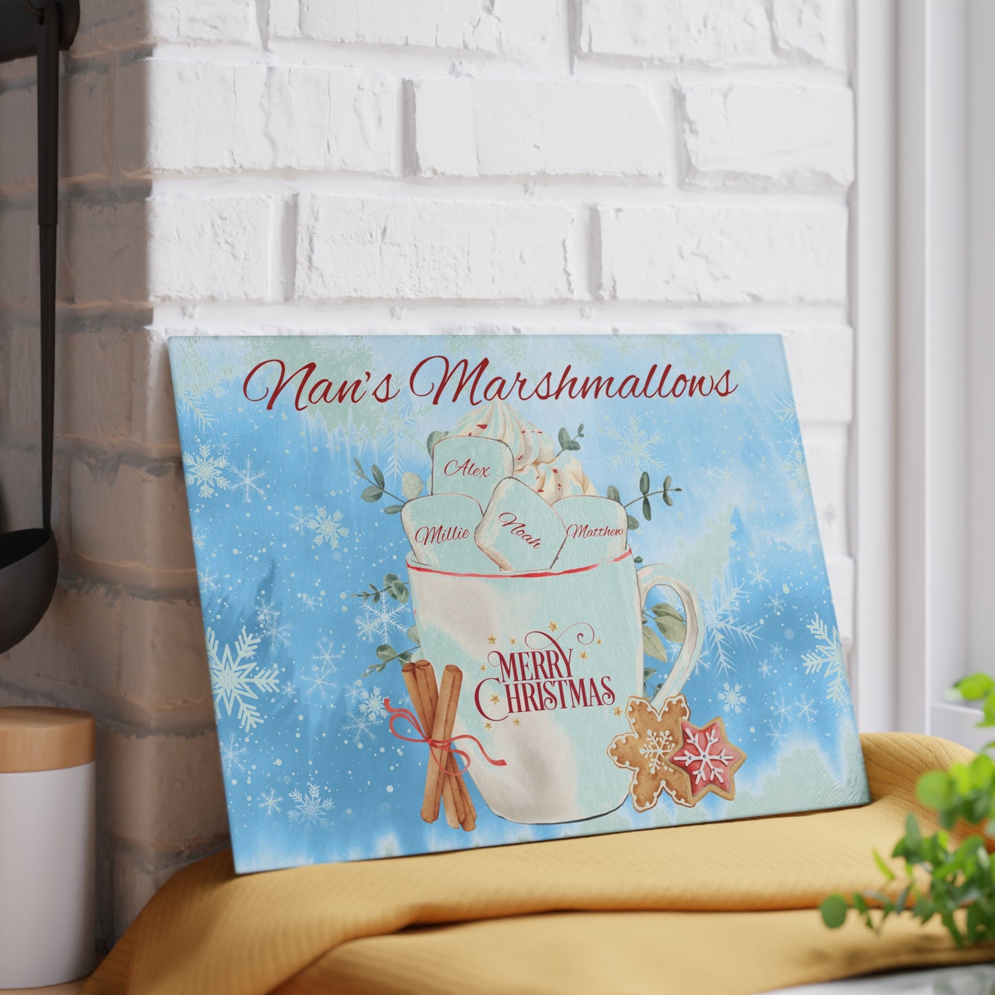 Personalised Christmas Cutting Board and Engraved Wooden Spoon, Marshmallows