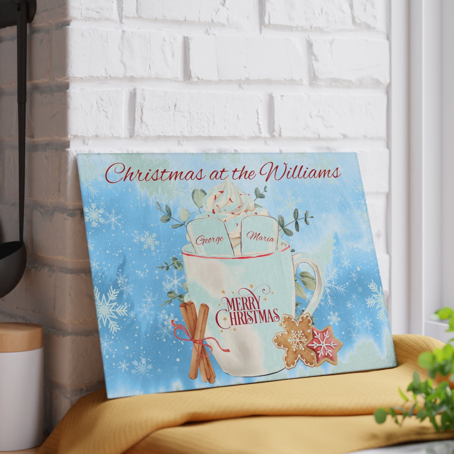 Personalised Christmas Cutting Board and Engraved Wooden Spoon, Marshmallows
