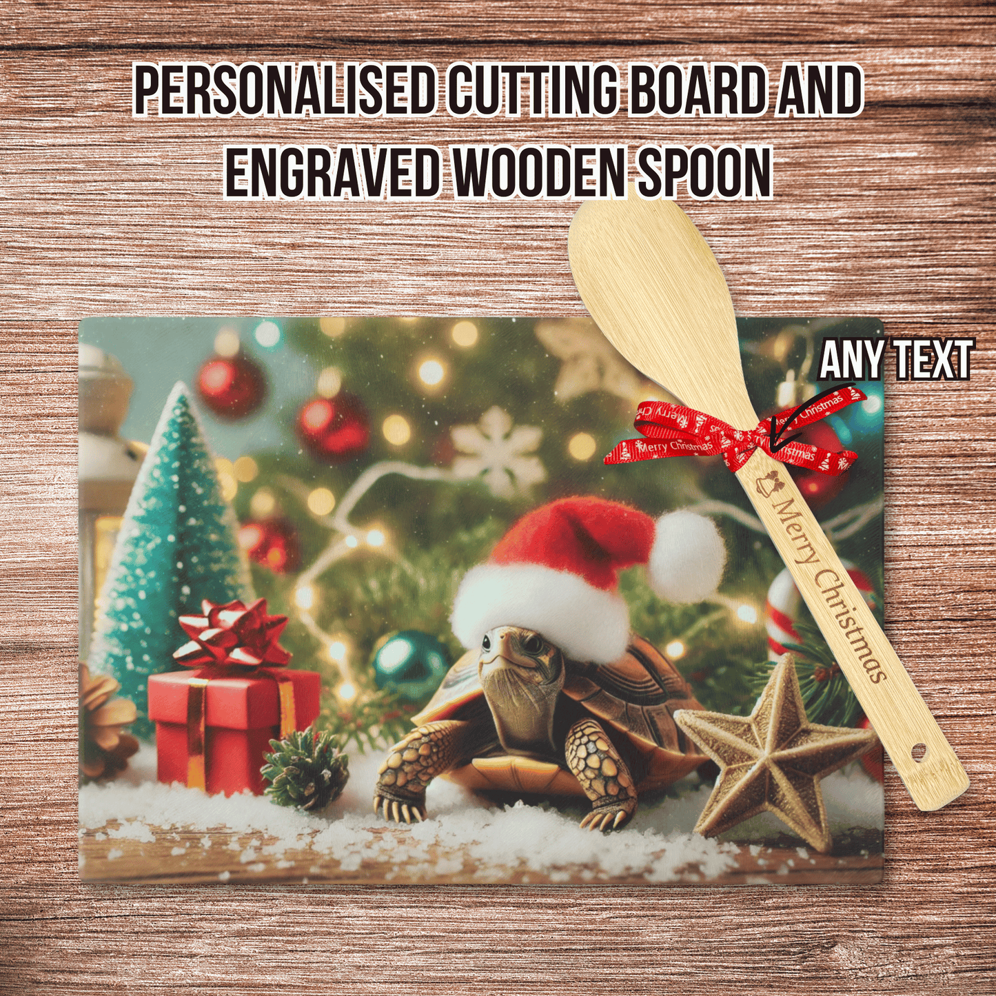 Personalised Christmas Cutting Board and Engraved Wooden Spoon, Turtle