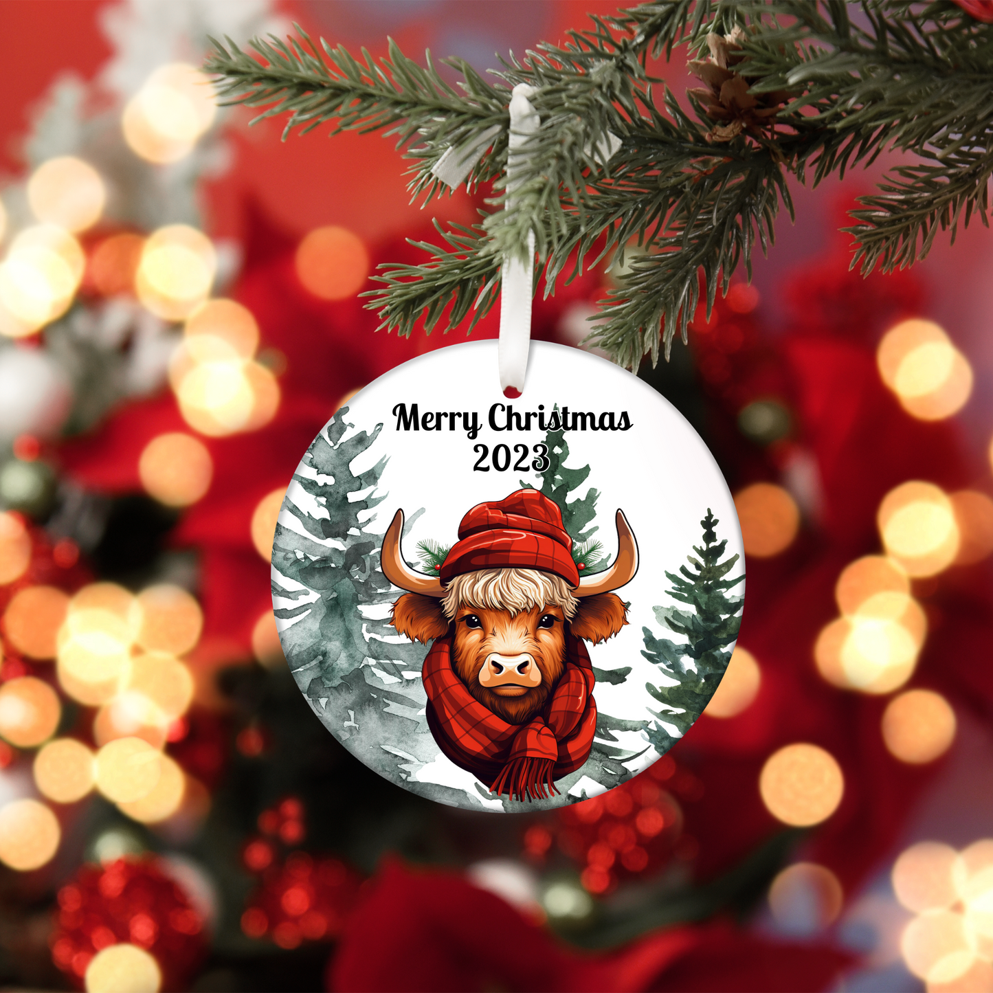 Personalised Highland Cow, Christmas Tree Decoration in Organza bag