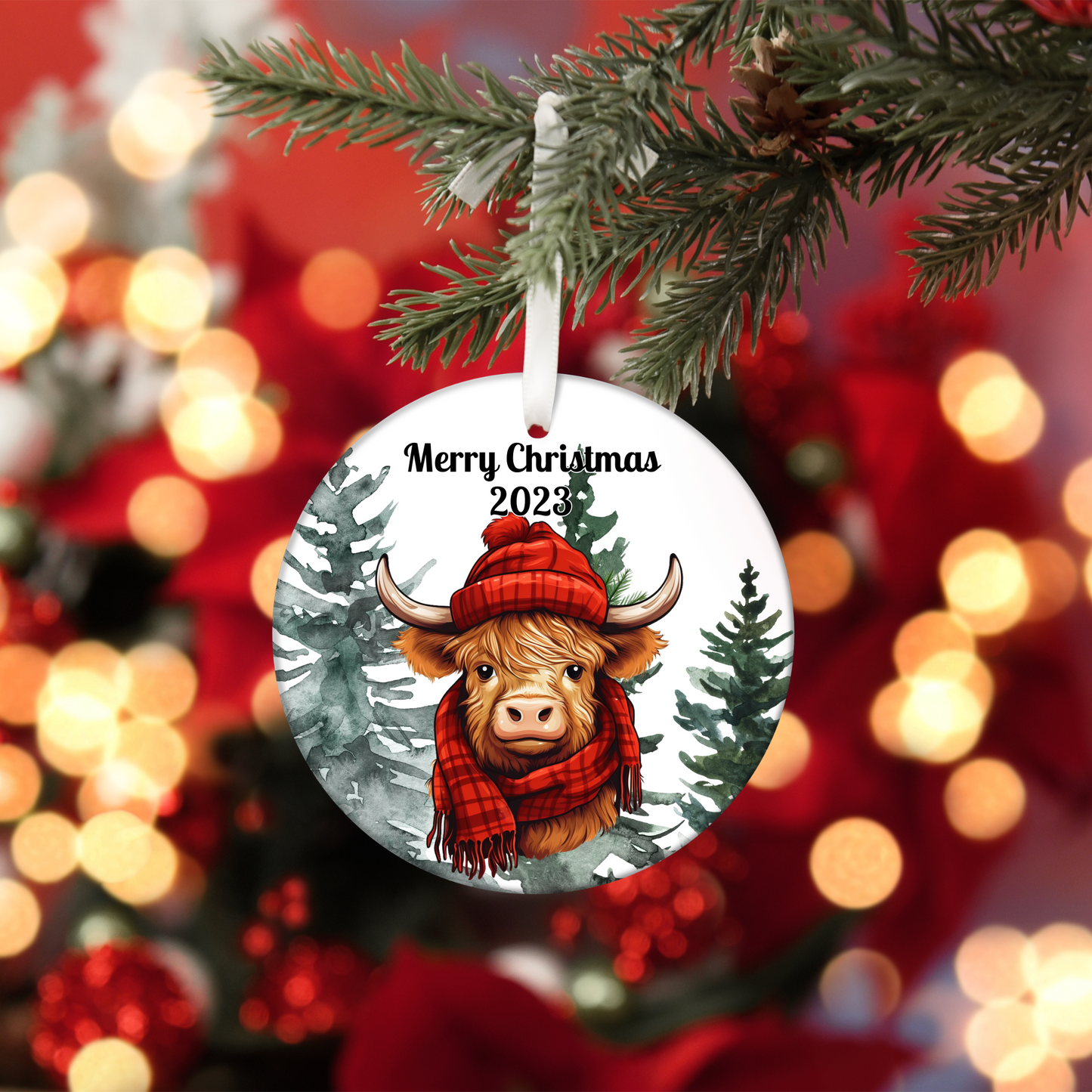 Personalised Highland Cow, Christmas Tree Decoration in Organza bag