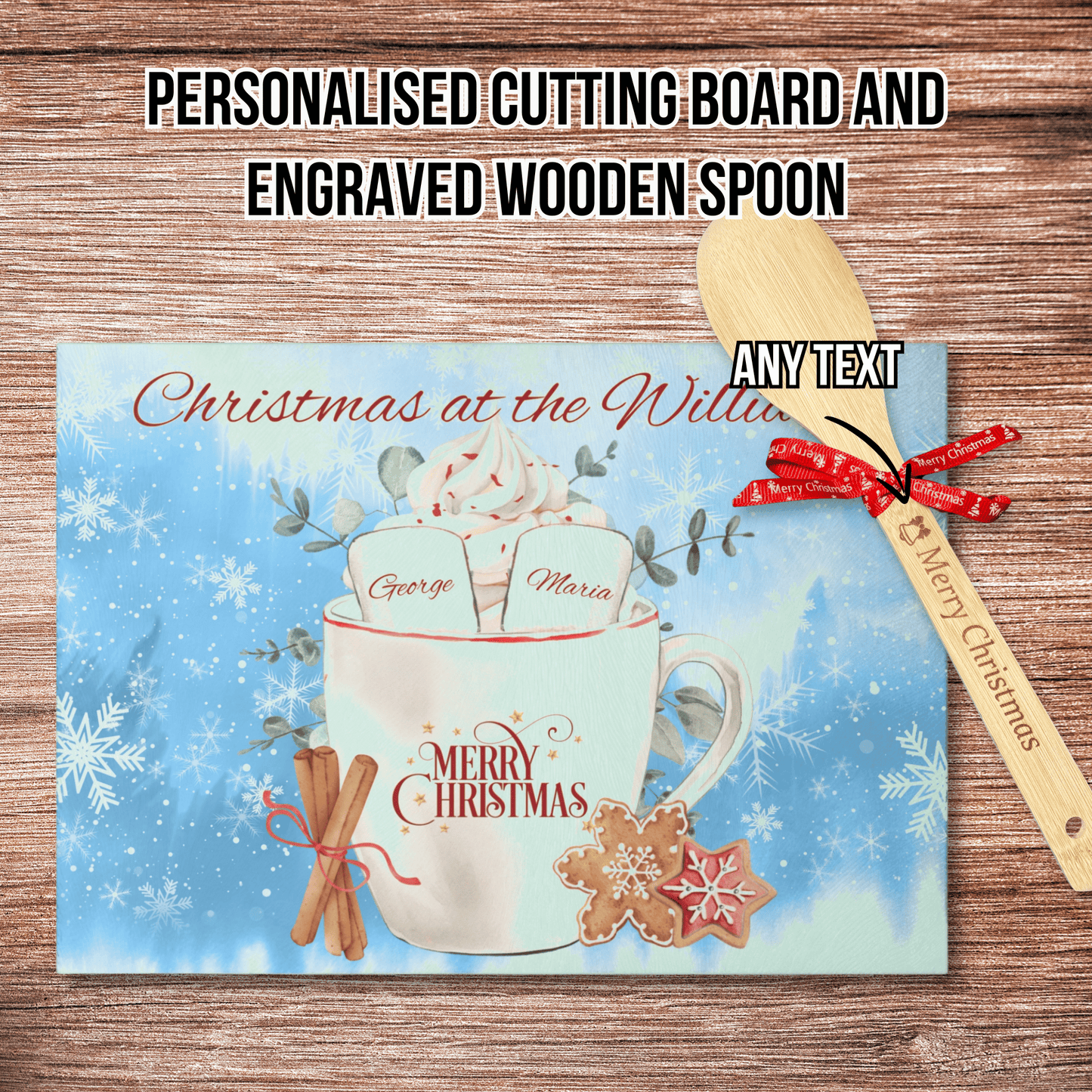 Personalised Christmas Cutting Board and Engraved Wooden Spoon, Marshmallows
