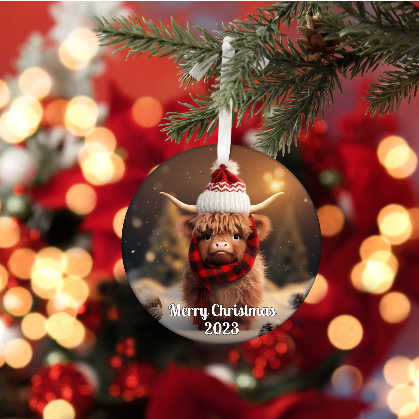 Personalised Highland Cow, Christmas Tree Decoration in Organza bag