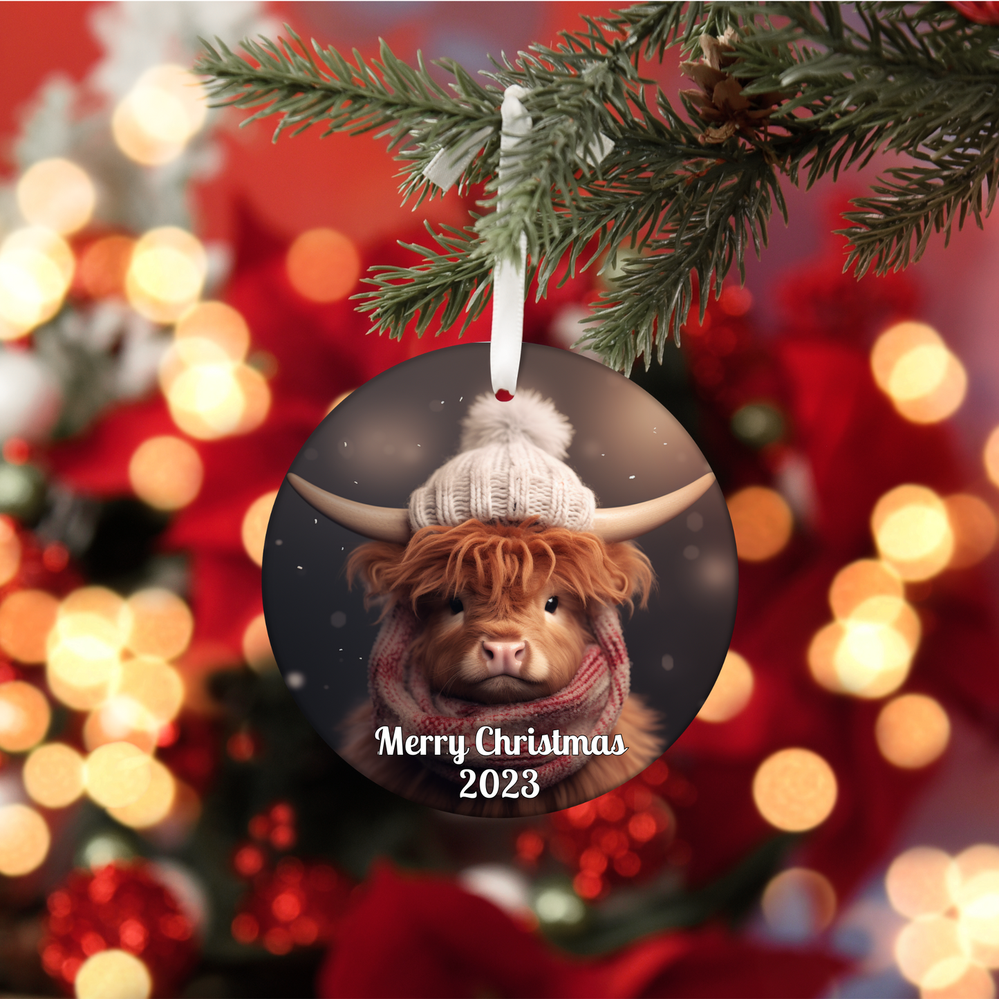 Personalised Highland Cow, Christmas Tree Decoration in Organza bag