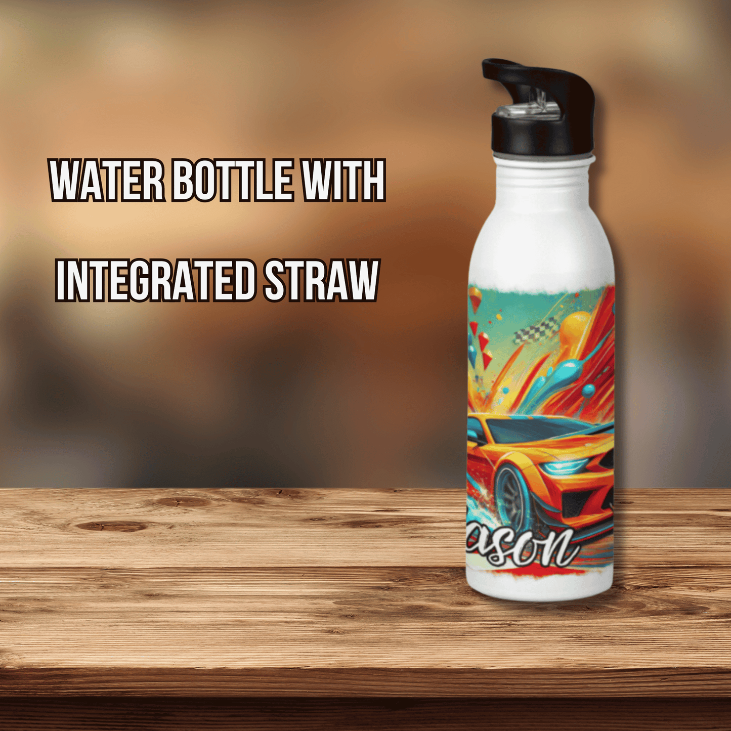 Personalised Water Bottle Orange Racing Car