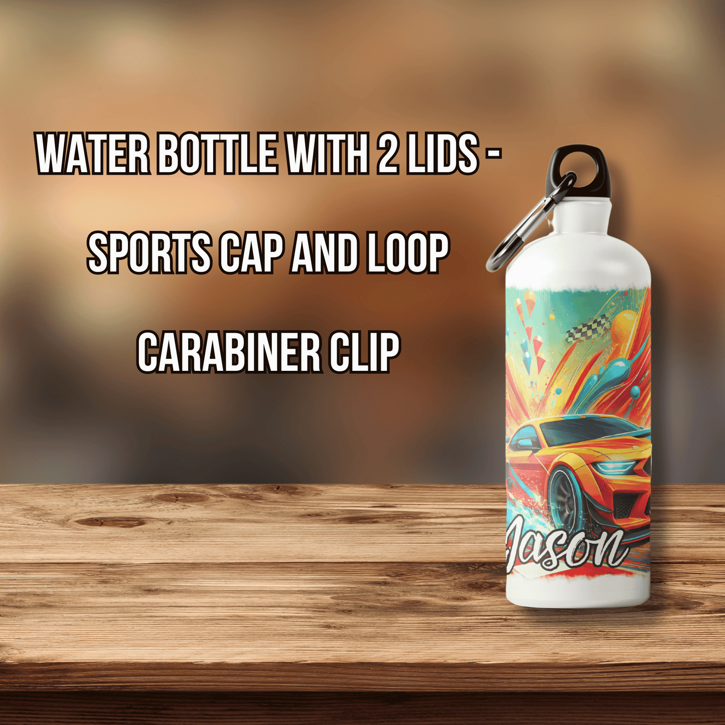 Personalised Water Bottle Orange Racing Car