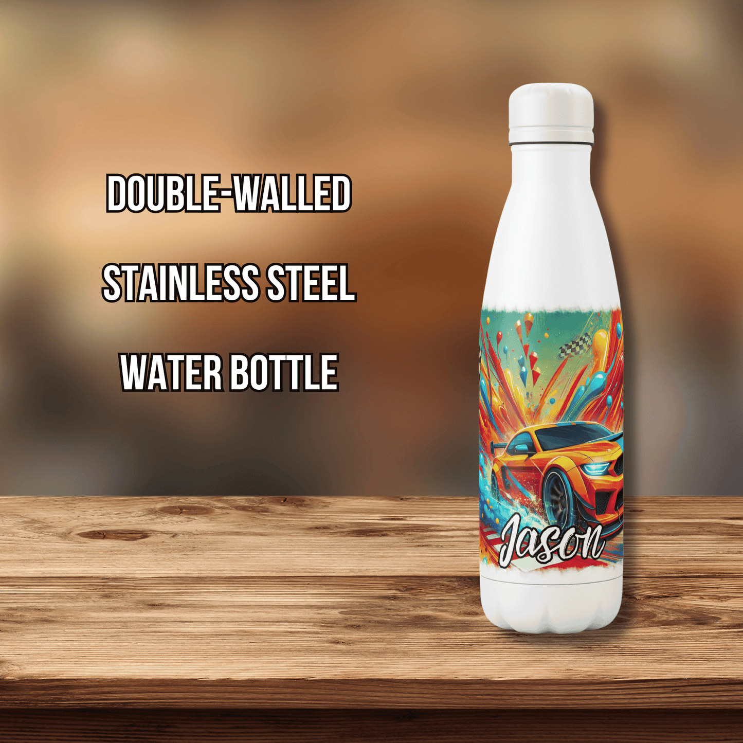 Personalised Water Bottle Orange Racing Car