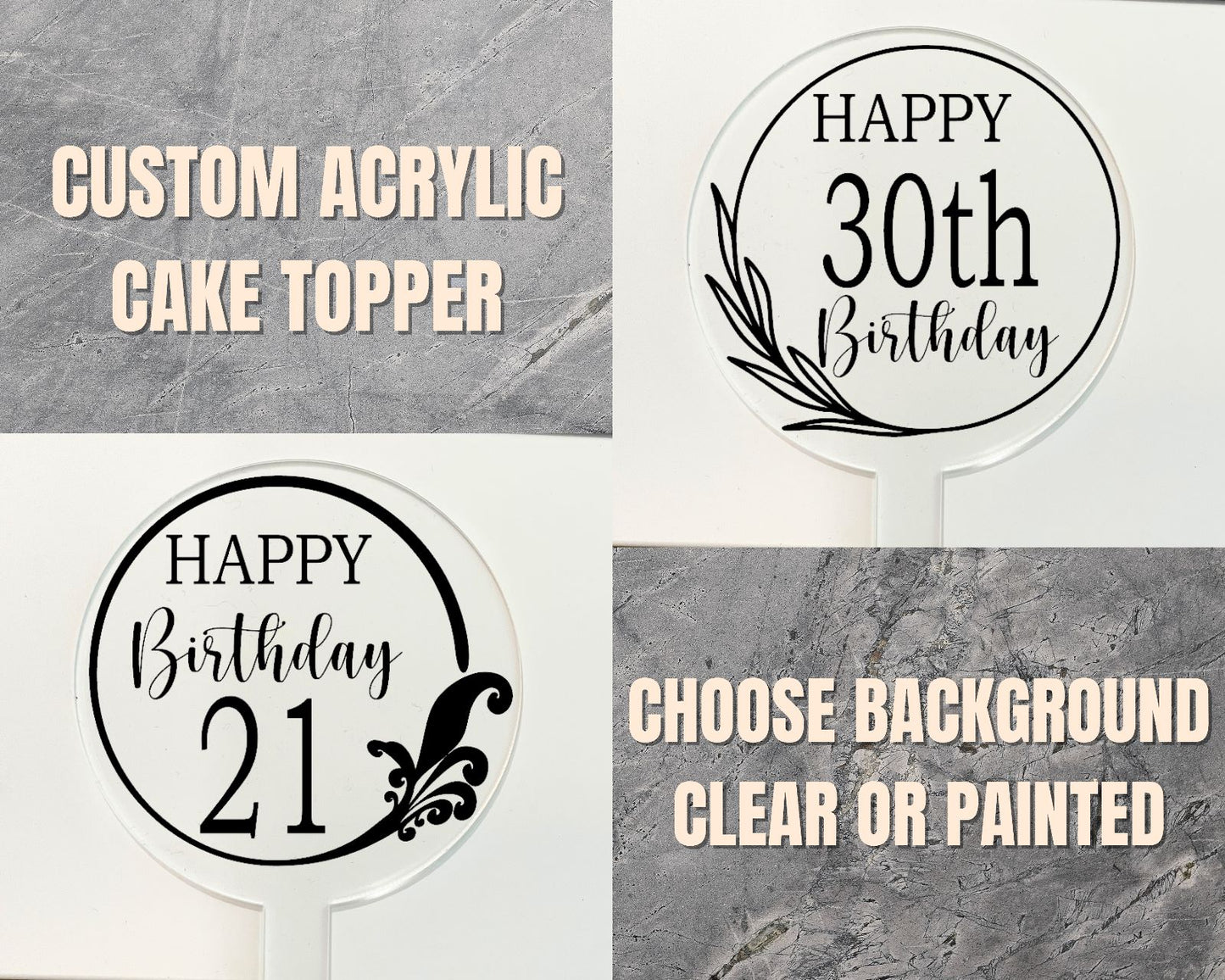 Personalised Acrylic Cake Topper, Clear or Marble Effect Round Cake Topper