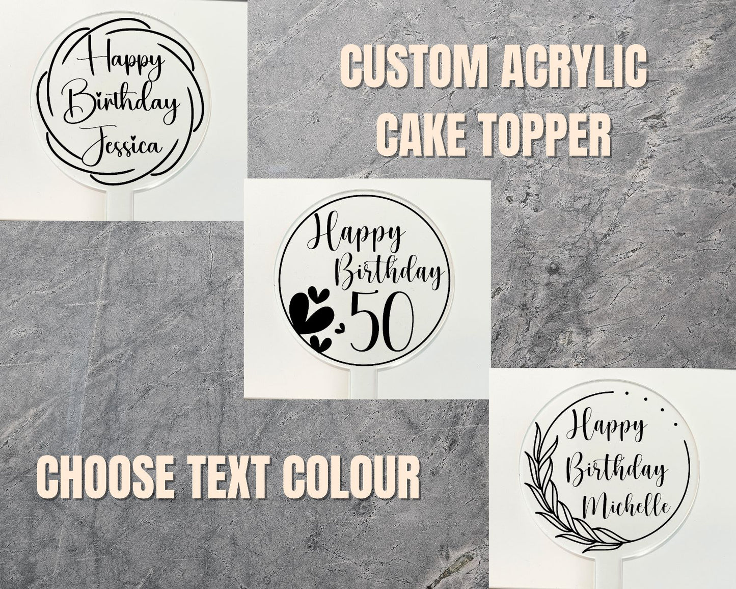 Personalised Acrylic Cake Topper, Clear or Marble Effect Round Cake Topper