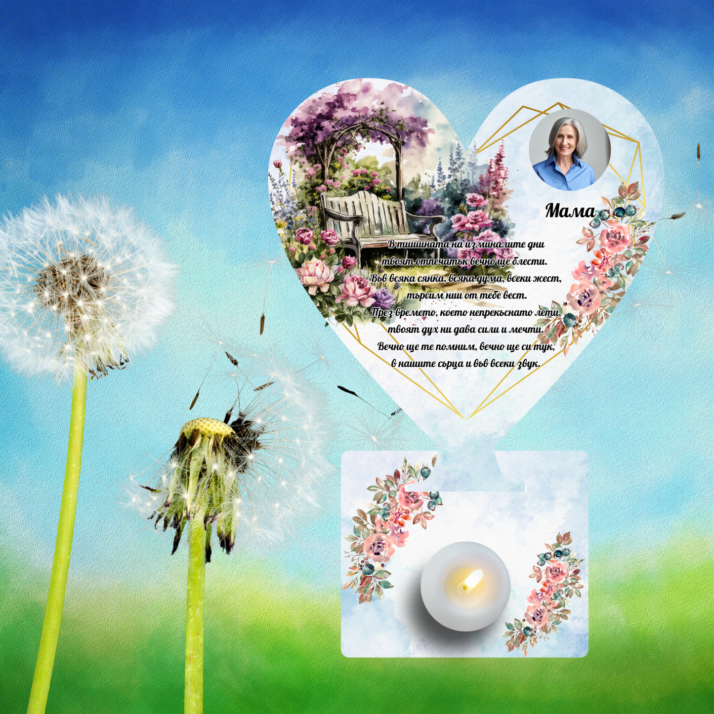 Bulgarian Poem/Text Personalised Memorial Plaque with a Picture to Remember a Loved One, Tea Light Holder