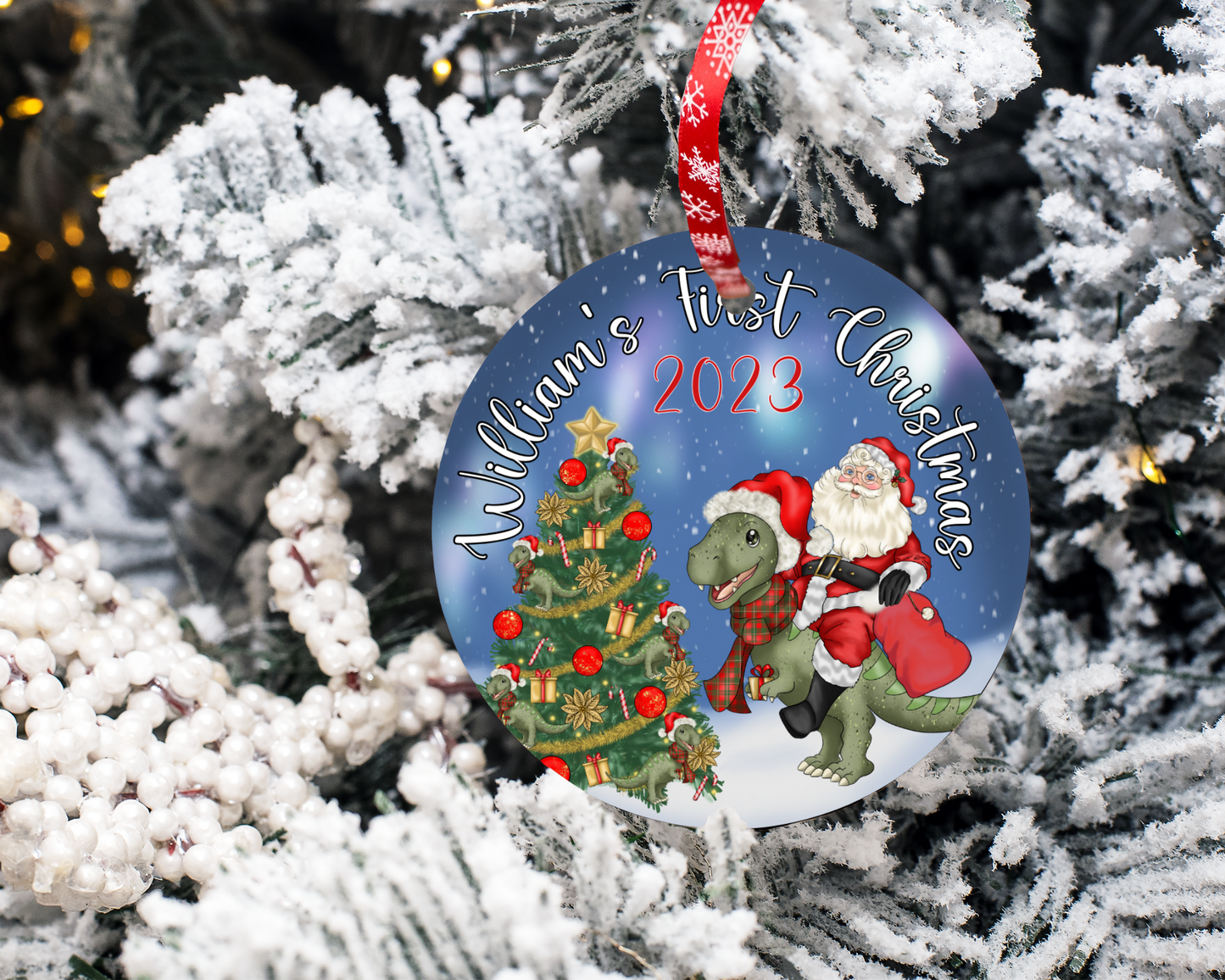 Personalised Christmas Bauble, Dino and Santa Xmas Tree Decoration, Free Gift Bag