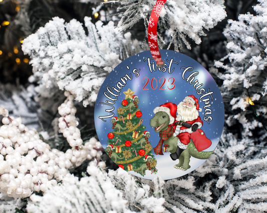 Personalised Christmas Bauble, Dino and Santa Xmas Tree Decoration, Free Gift Bag