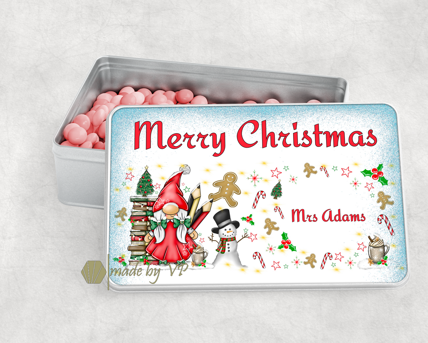 Personalised Teacher Christmas Treats Tin Gonkette, Gnome