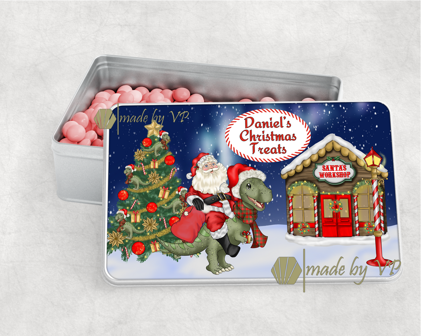 Personalised Christmas Treats Tin Dinosaur