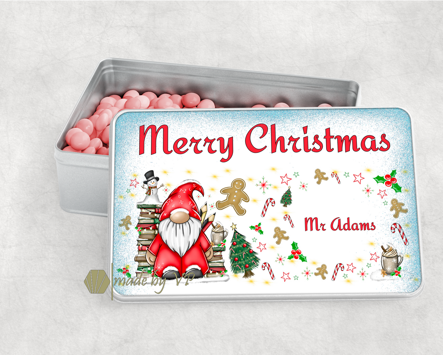Personalised Teacher Christmas Treats Tin Gonkette, Gnome