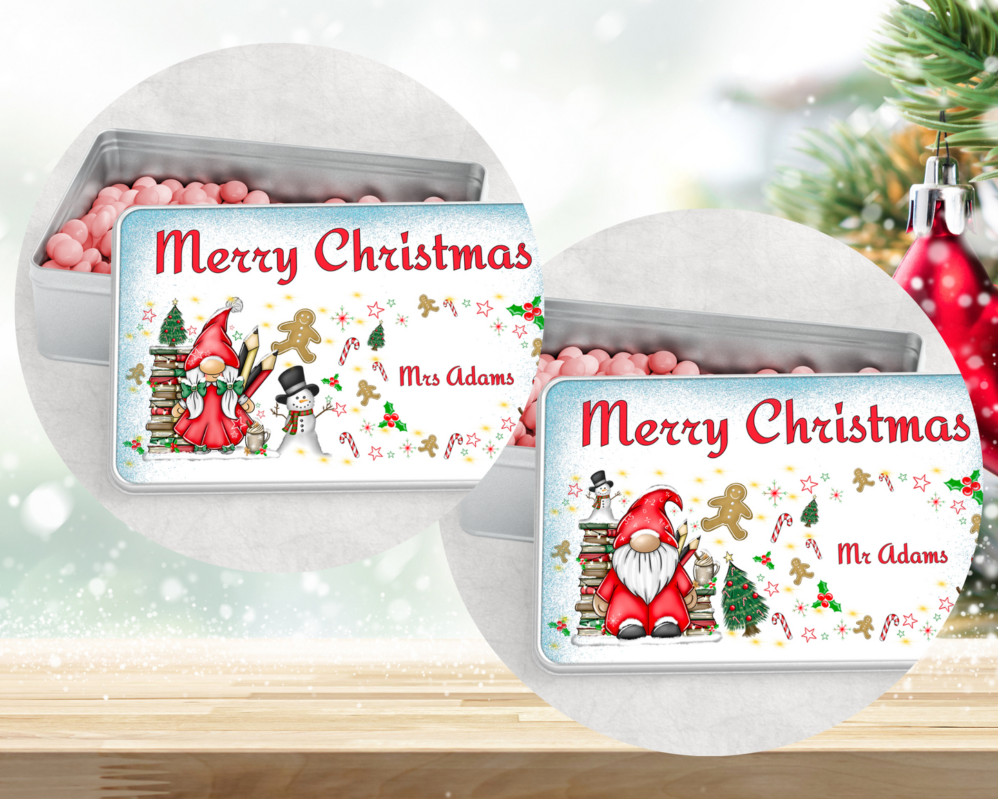 Personalised Teacher Christmas Treats Tin Gonkette, Gnome