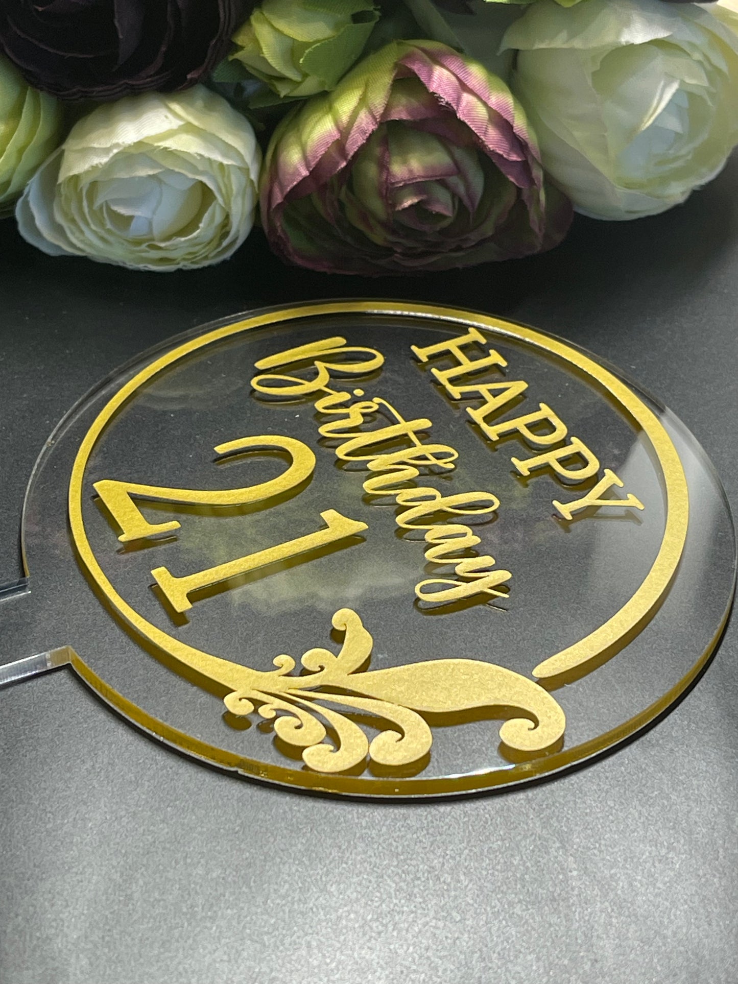 Personalised Acrylic Cake Topper, Clear or Marble Effect Round Cake Topper