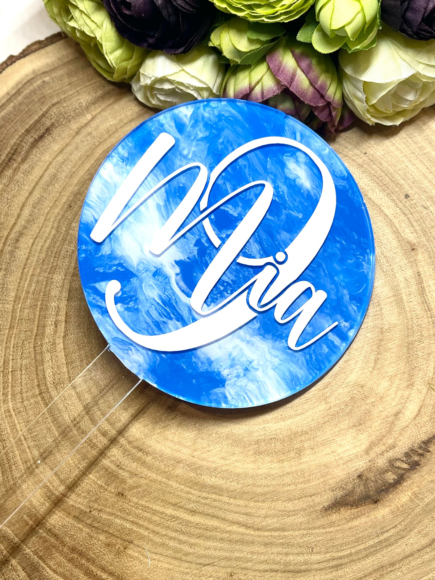 Personalised Acrylic Cake Topper, Marble Effect Painted Paddle Topper