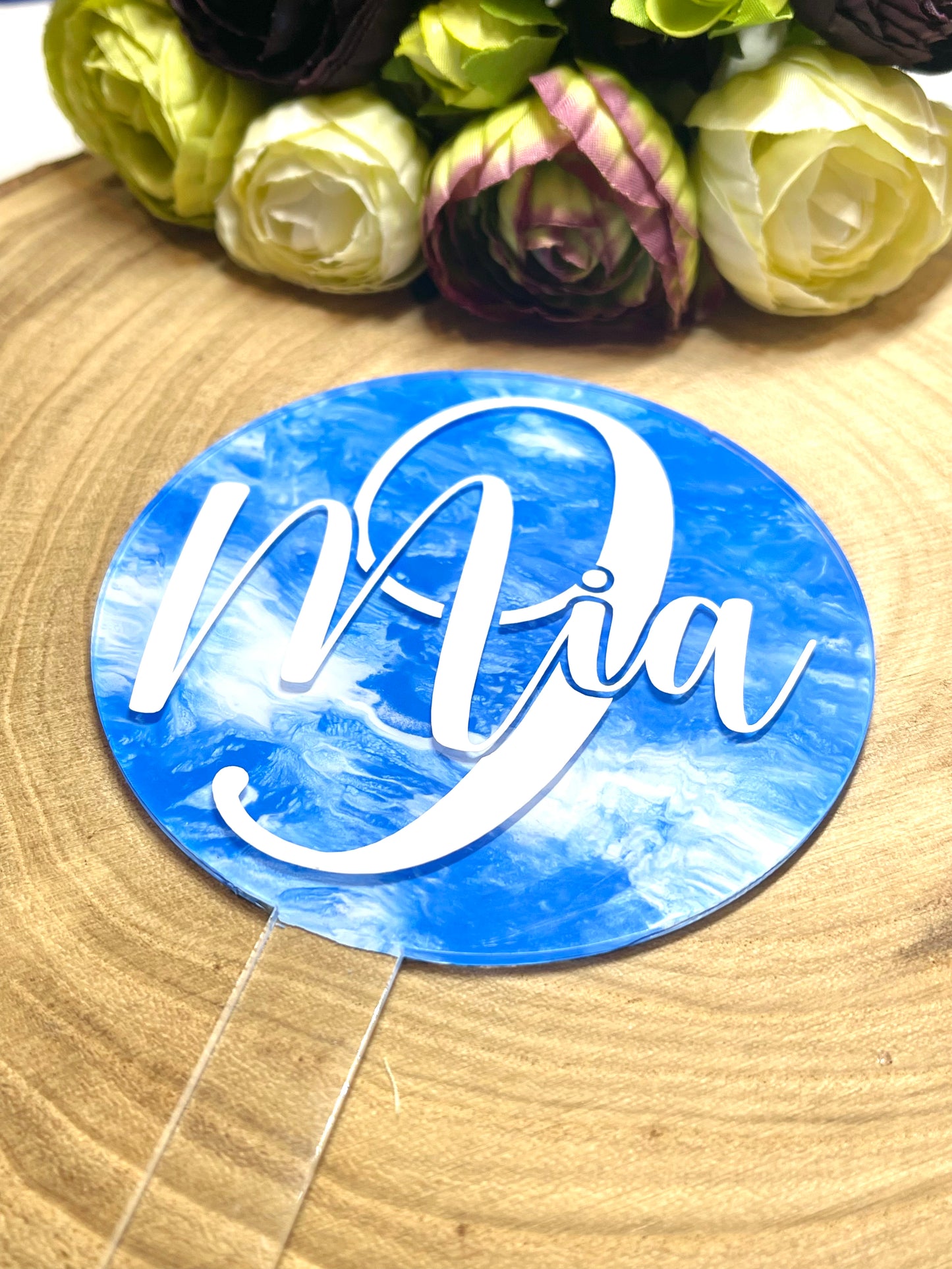 Personalised Acrylic Cake Topper, Marble Effect Painted Paddle Topper