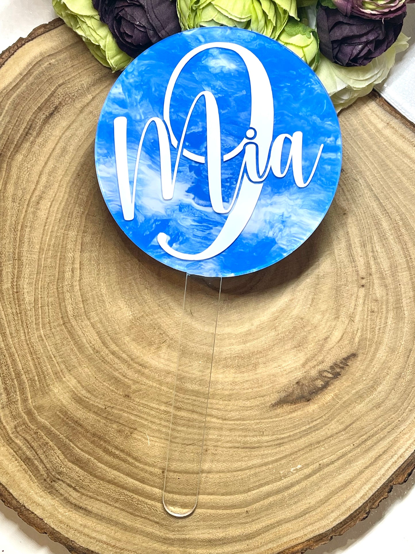 Personalised Acrylic Cake Topper, Marble Effect Painted Paddle Topper