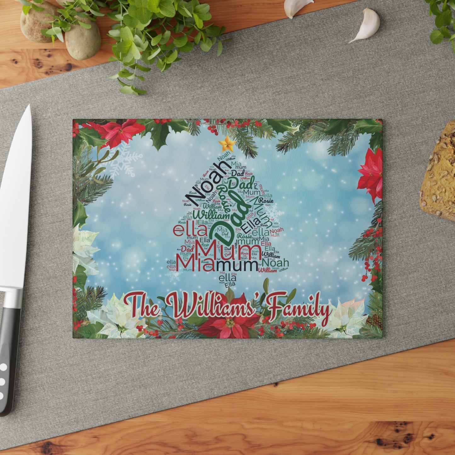 Personalised Family Christmas Cutting Board, Christmas Tree Names