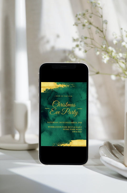Christmas Eve Party Invitation, Emerald Green And Gold