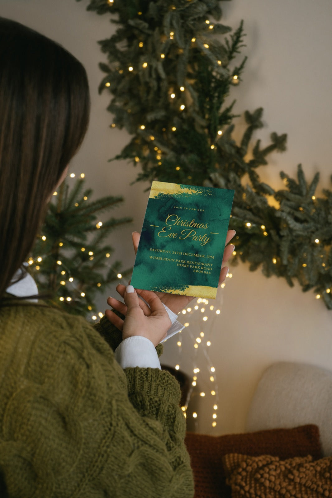 Christmas Eve Party Invitation, Emerald Green And Gold