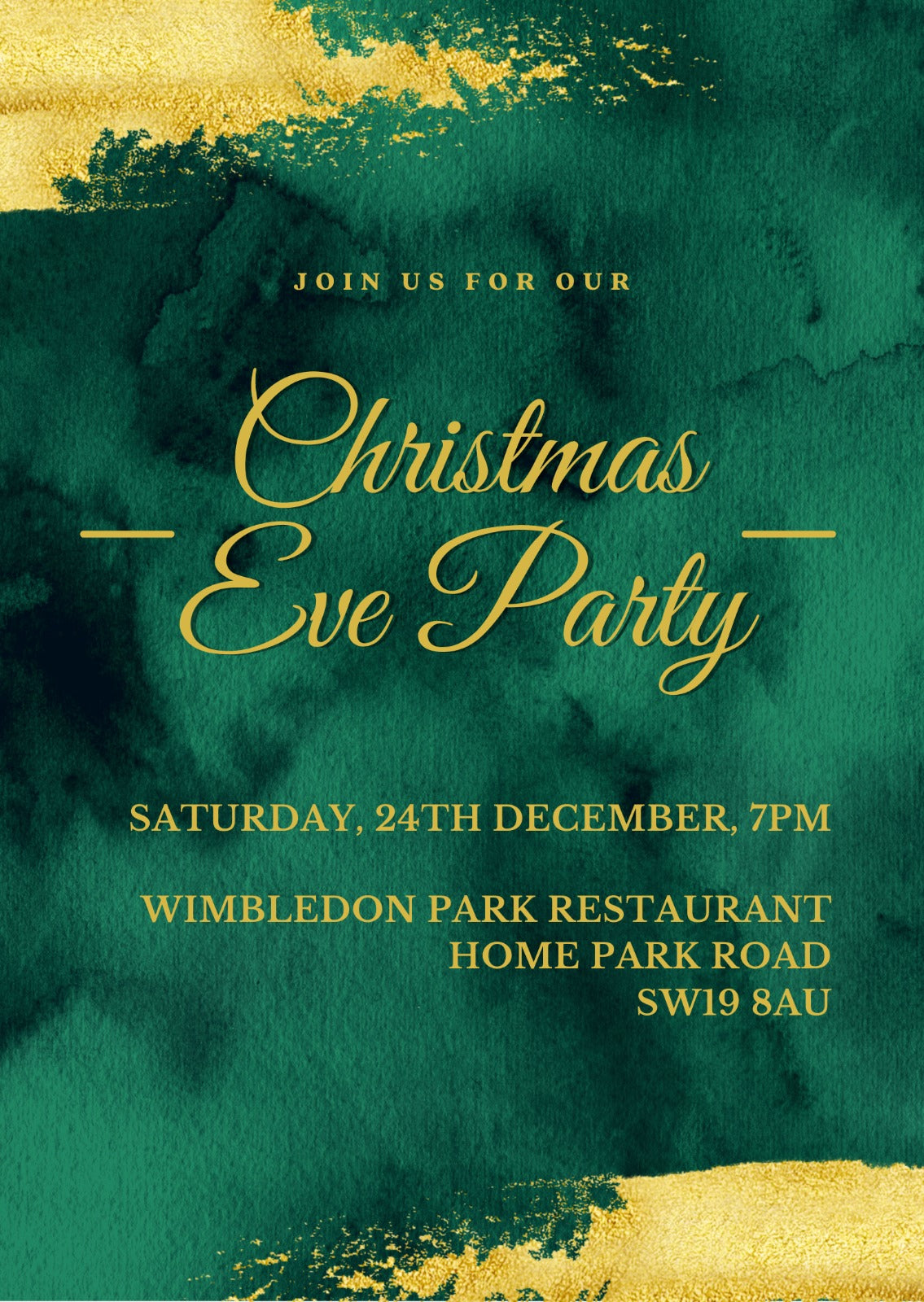 Christmas Eve Party Invitation, Emerald Green And Gold