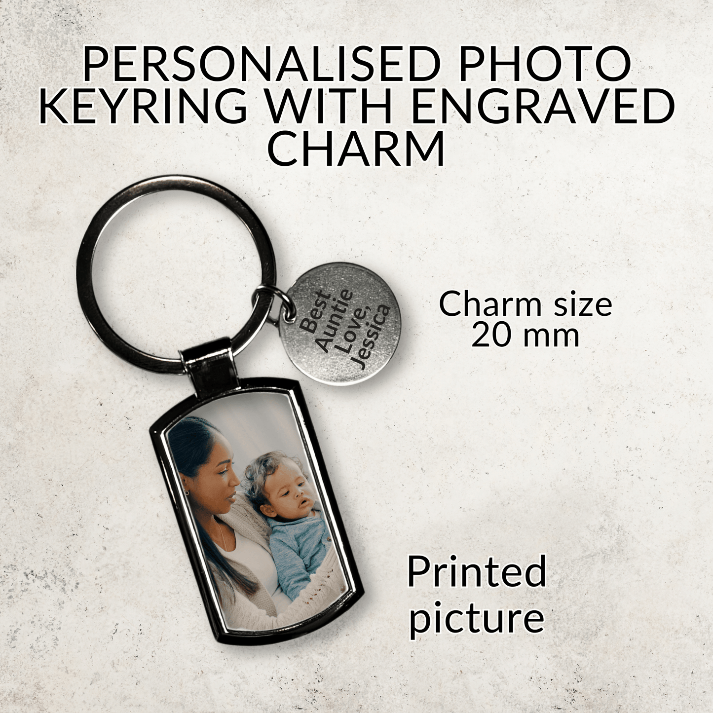 Personalised Photo Keyring, Engraved Charm Keychain