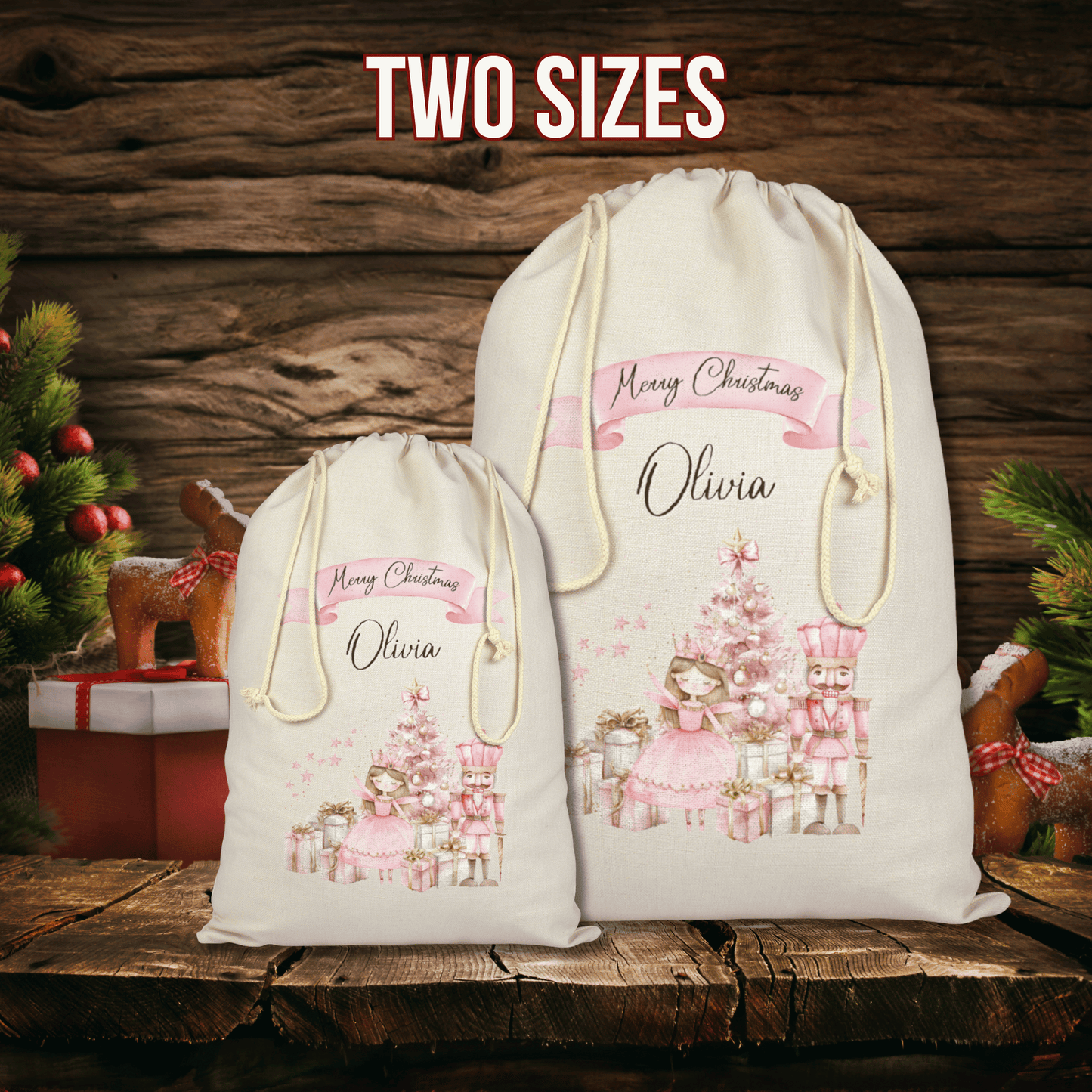 Personalised Christmas Santa Sack, Pink Fairy and Nutcracker