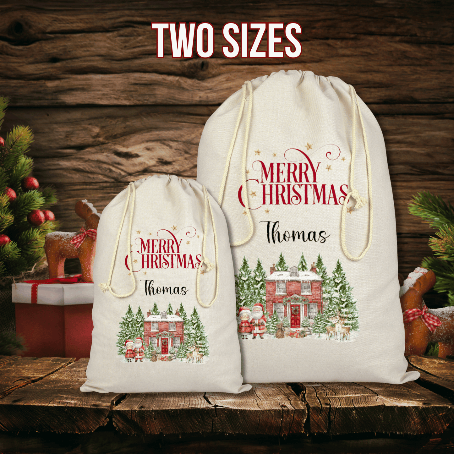 Personalised Christmas Santa Sack, Mr and Mrs Claus' house