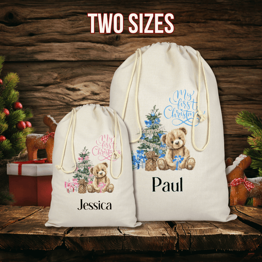 Personalised Christmas Santa Sack, Baby's First Christmas, Bear