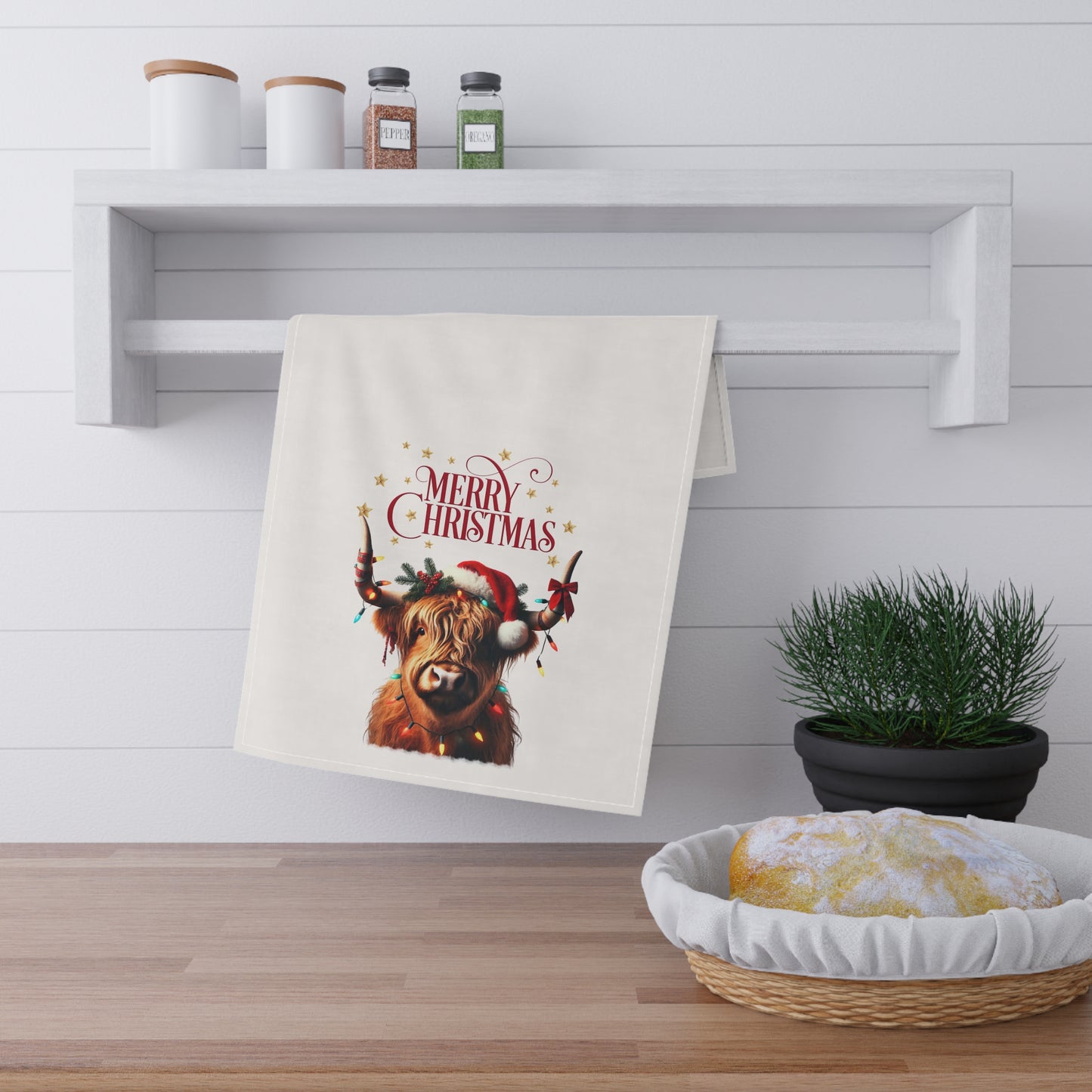 Personalised Christmas Highland Cow Tea Towel, Engraved Wooden Spoon