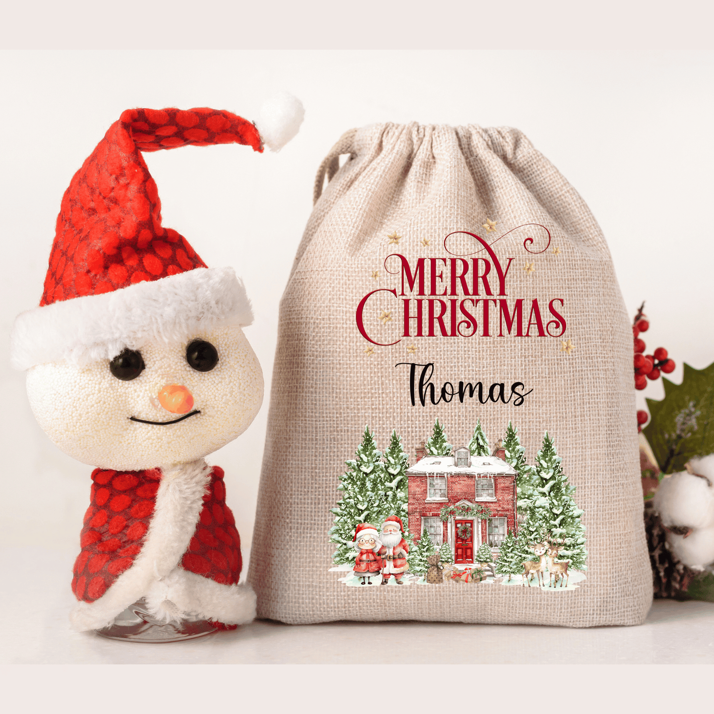 Personalised Christmas Santa Sack, Mr and Mrs Claus' house