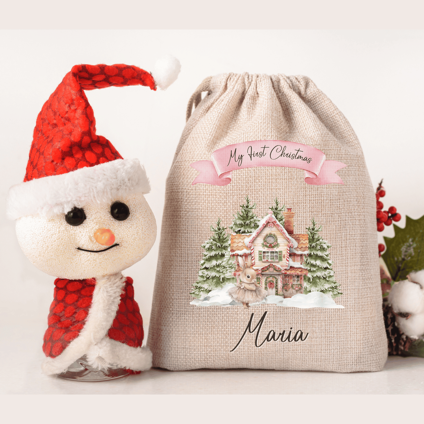 Personalised Christmas Santa Sack, First Christmas, Rabbit design