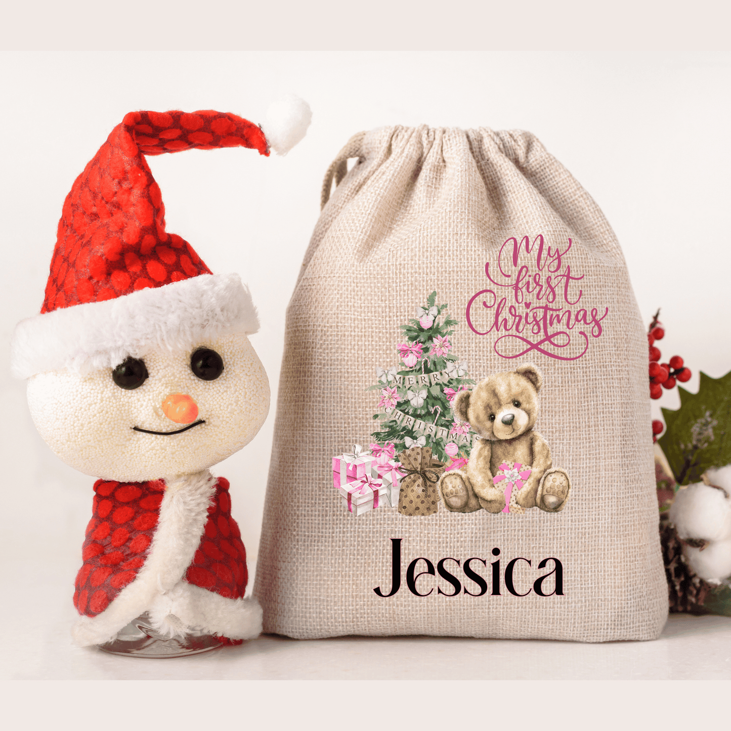 Personalised Christmas Santa Sack, Baby's First Christmas, Bear