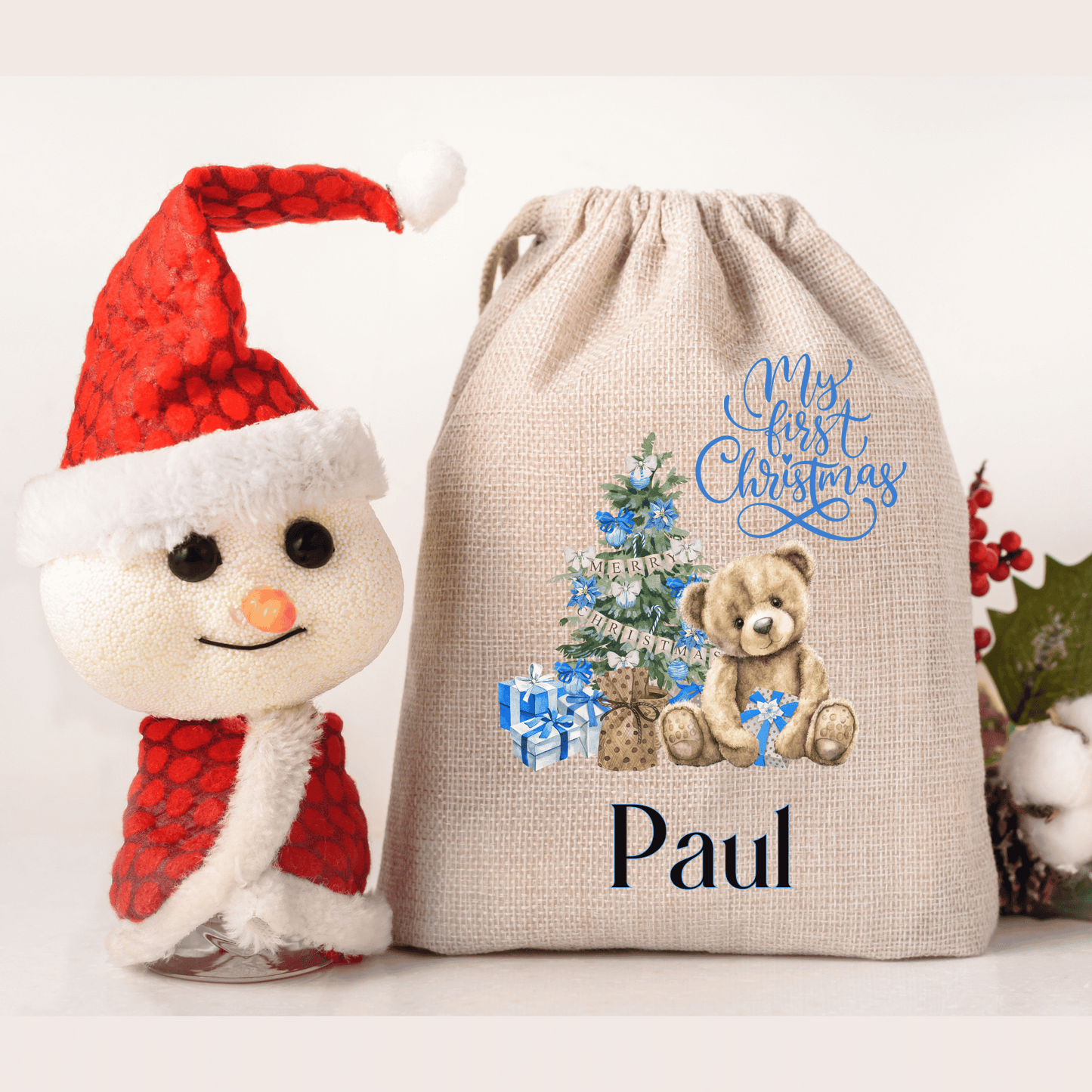 Personalised Christmas Santa Sack, Baby's First Christmas, Bear