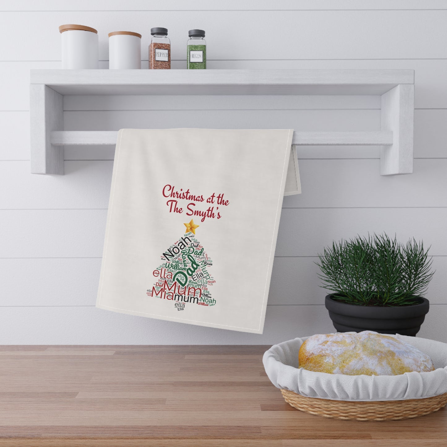 Personalised Christmas Tea Towel, Engraved Wooden Spoon, Family Tree