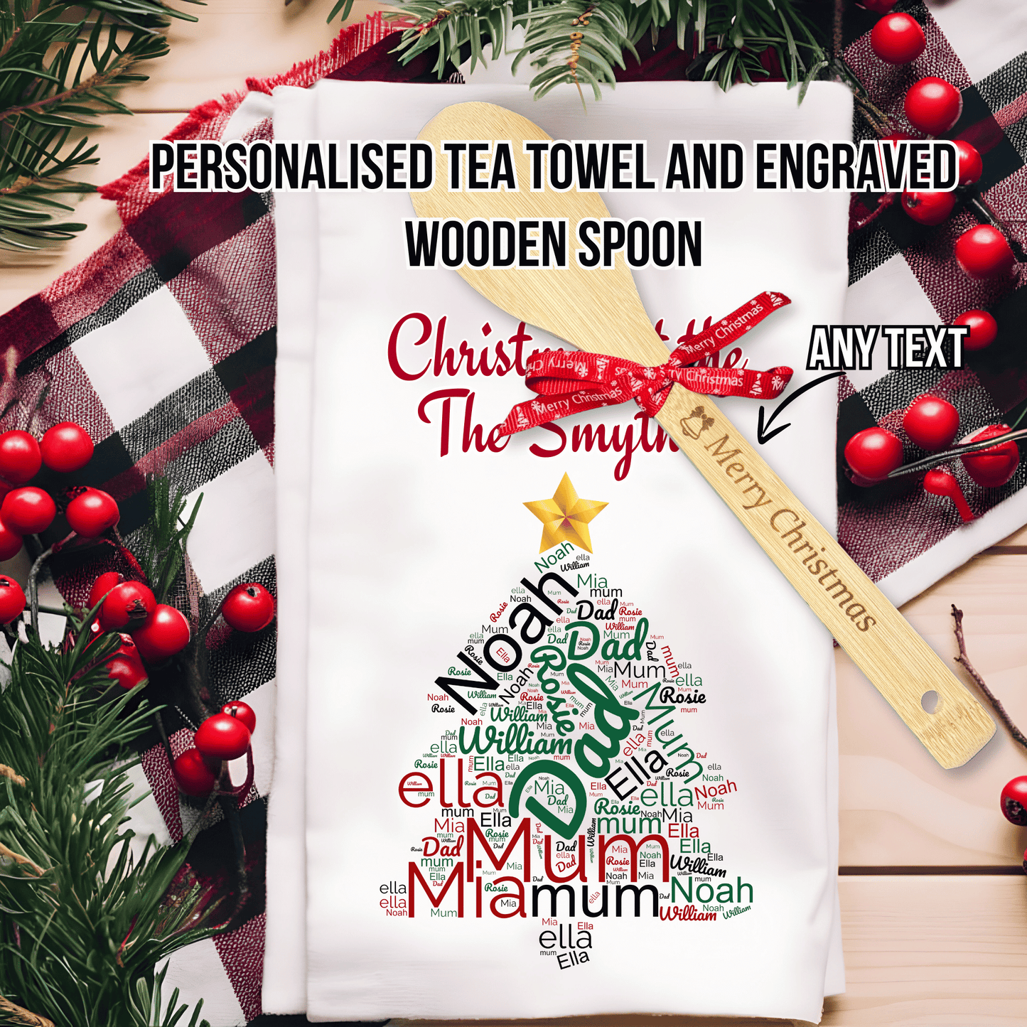 Personalised Christmas Tea Towel, Engraved Wooden Spoon, Family Tree