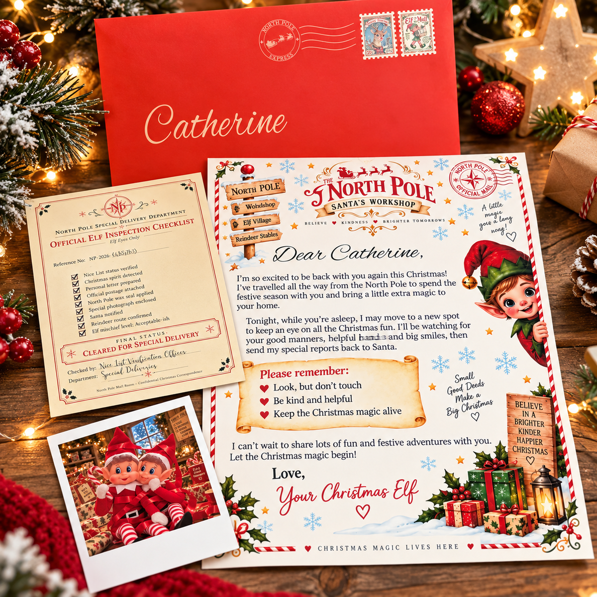 Personalised Elf Arrival Letter Set with Official Red Envelope, Custom North Pole Mail, Christmas Letter