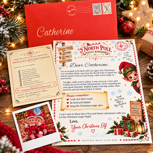 Personalised Elf Arrival Letter Set with Official Red Envelope, Custom North Pole Mail, Christmas Letter