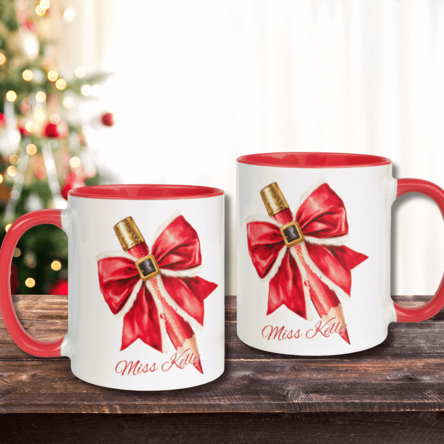 Personalised Teacher's Christmas Mug, Bow Pencil