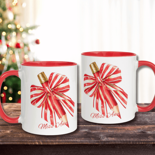 Personalised Teacher's Christmas Mug, Bow Pencil