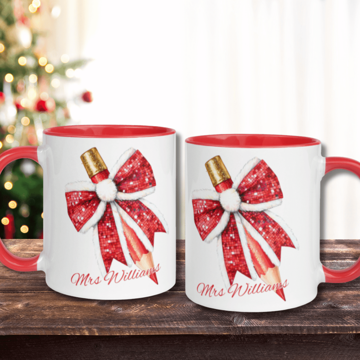 Personalised Teacher's Christmas Mug, Bow Pencil