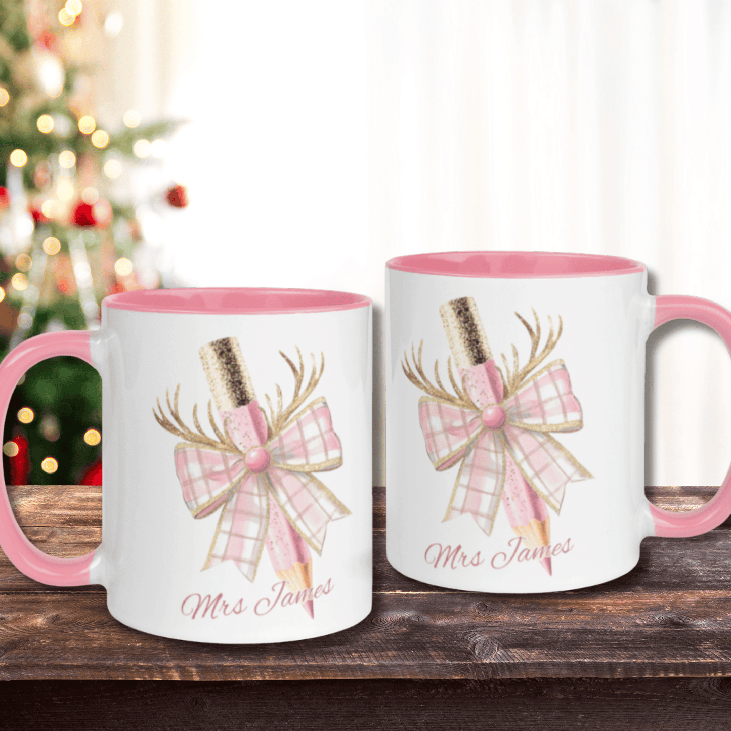 Personalised Teacher's Christmas Mug, Bow Pencil